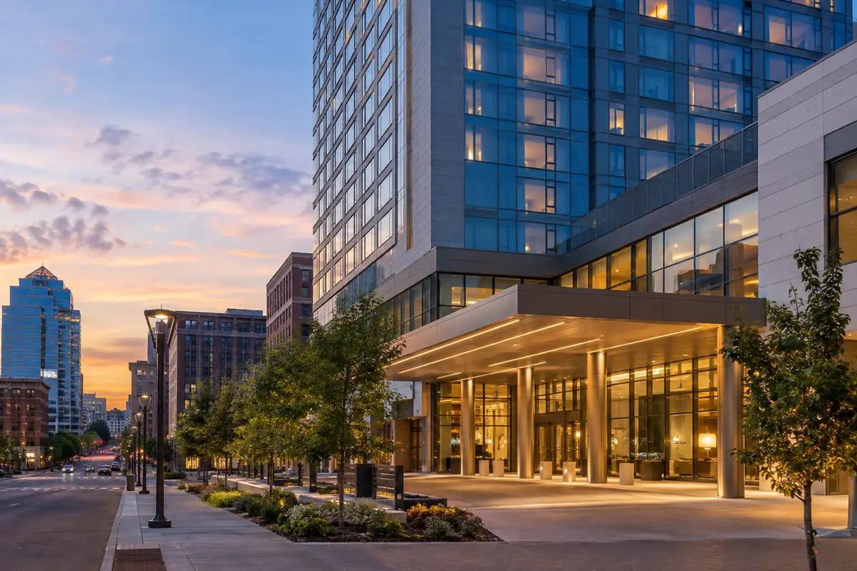 Photorealistic travel-editorial view of The Durham Hotel in Durham, North Carolina