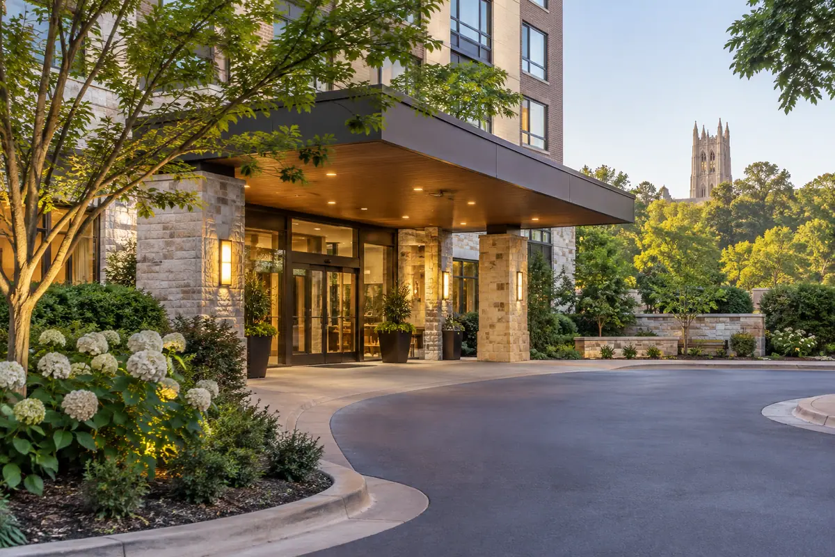 Photorealistic travel-editorial view of Washington Duke Inn & Golf Club in Durham, North Carolina