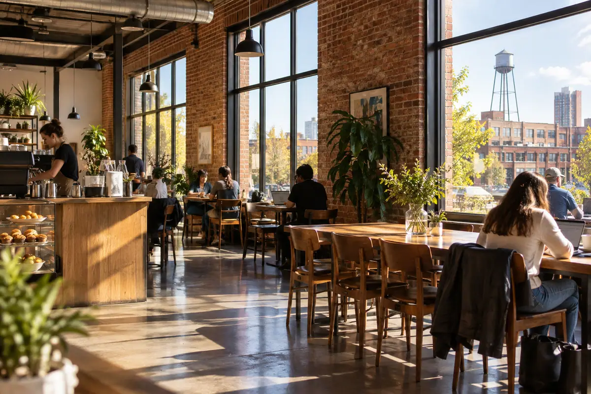 Photorealistic travel-editorial view of Foster Street Coffee in Durham, North Carolina