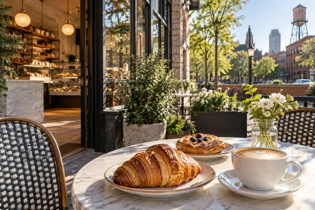Photorealistic travel-editorial view of Guglhupf Bakery in Durham, North Carolina