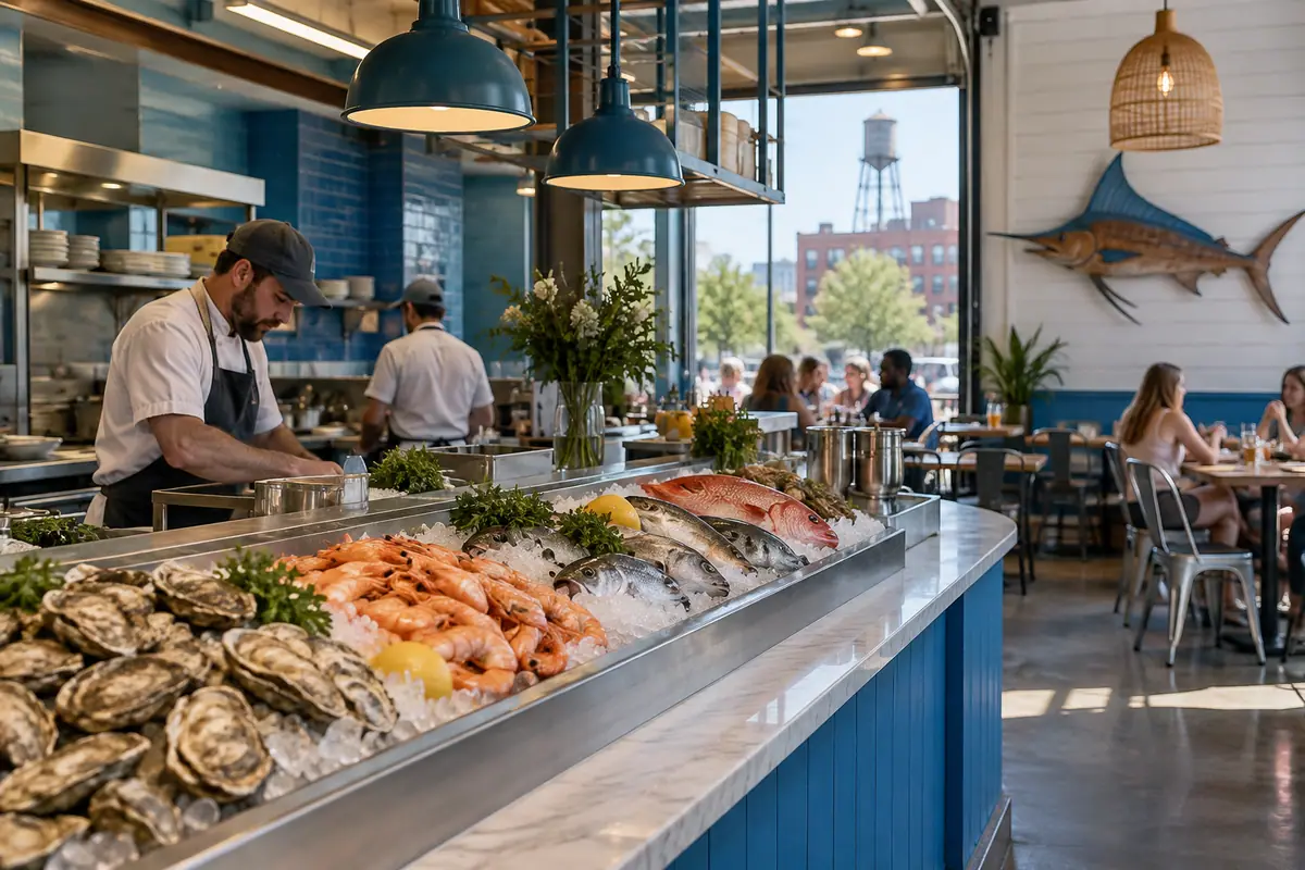 Photorealistic travel-editorial view of Saltbox Seafood Joint in Durham, North Carolina