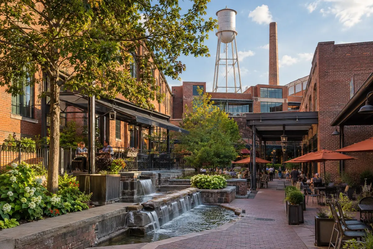 Photorealistic travel-editorial view of American Tobacco Campus in Durham, North Carolina