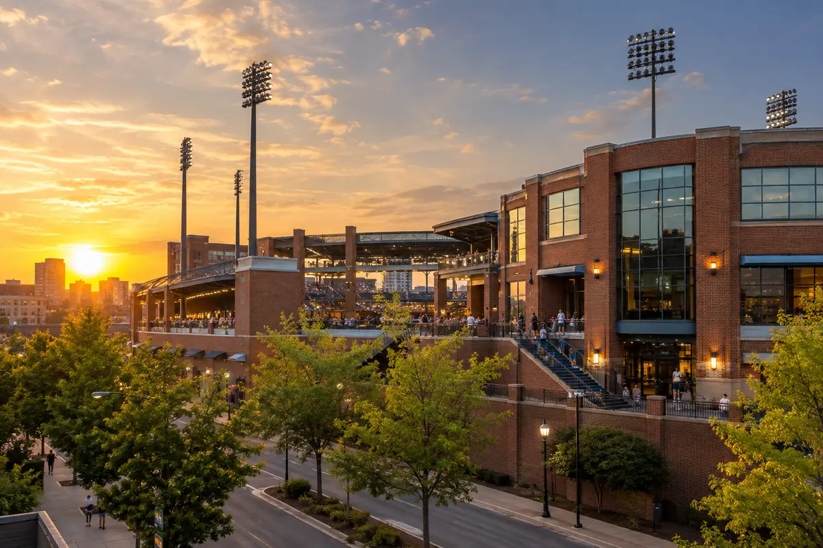 Photorealistic travel-editorial view of Durham Bulls Athletic Park in Durham, North Carolina