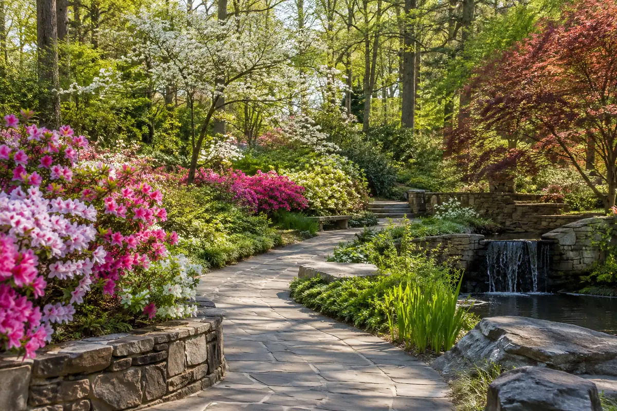 Photorealistic travel-editorial view of Sarah P. Duke Gardens in Durham, North Carolina