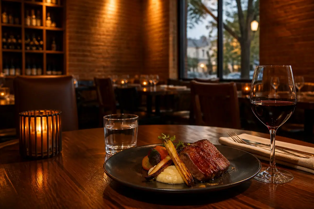 Photoreal dining scene representing Brix Restaurant and Wine Bar in Flagstaff, Arizona