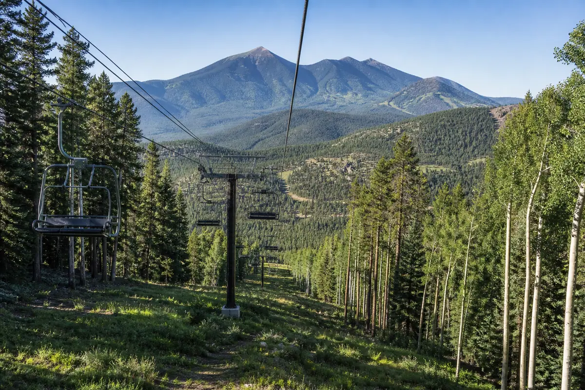 Photoreal travel-editorial view of Arizona Snowbowl in Flagstaff, Arizona