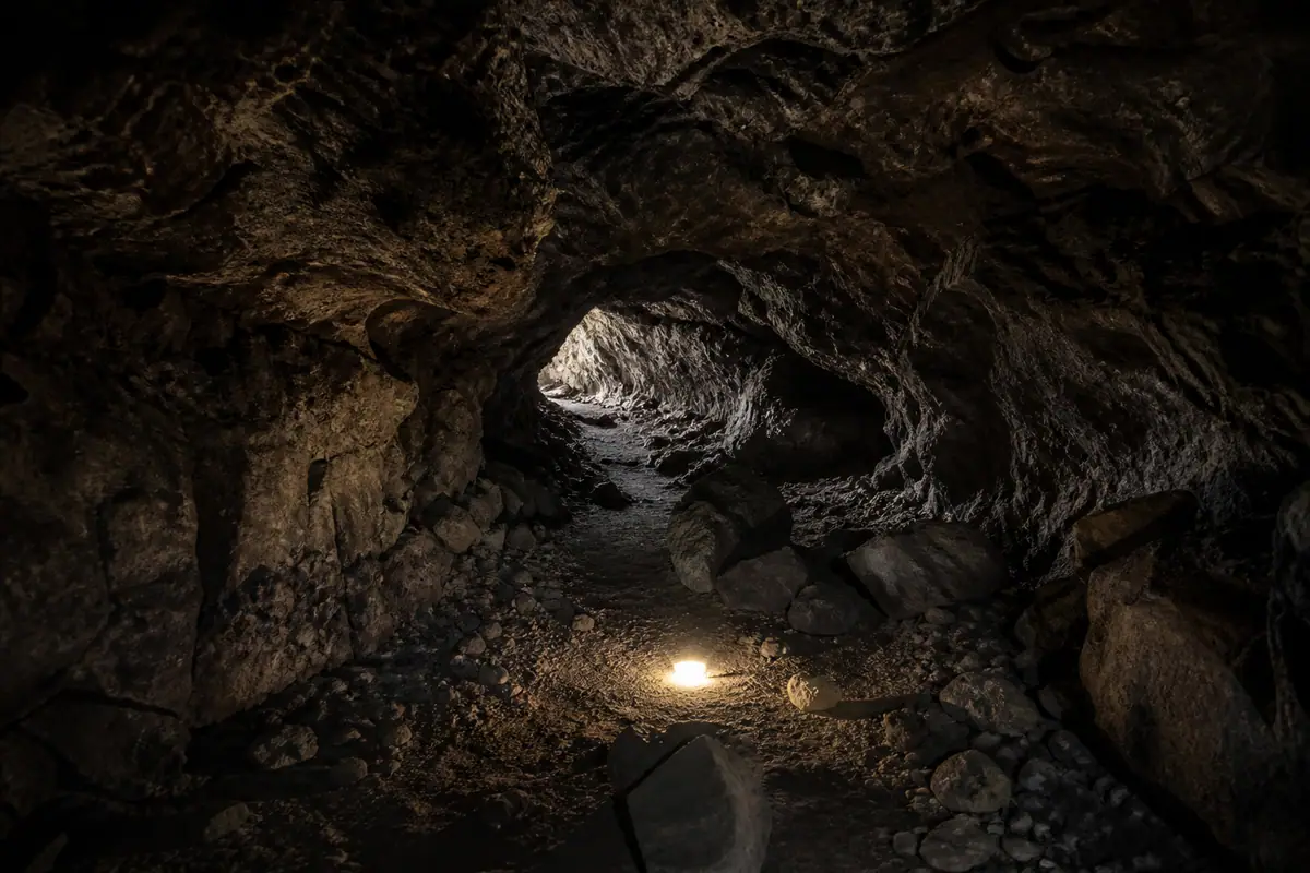 Photoreal travel-editorial view of Lava River Cave in Flagstaff, Arizona