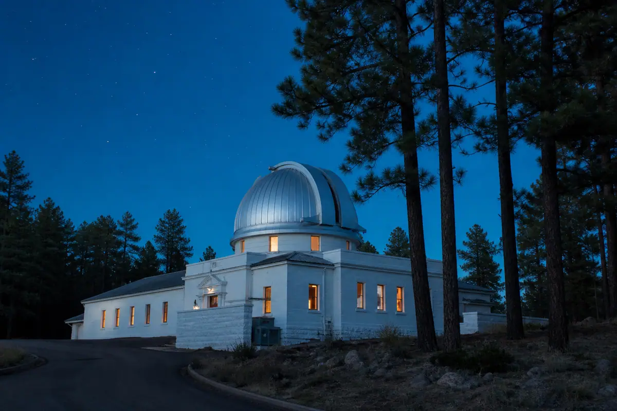 Photoreal travel-editorial view of Lowell Observatory in Flagstaff, Arizona