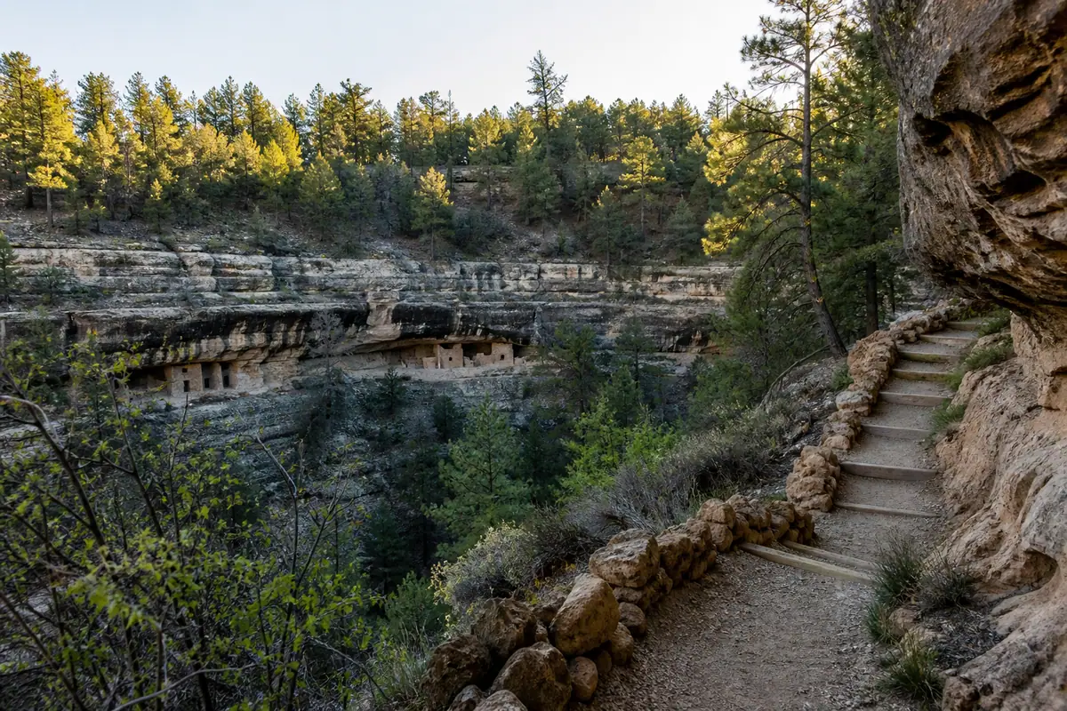 Photoreal travel-editorial view of Walnut Canyon National Monument in Flagstaff, Arizona