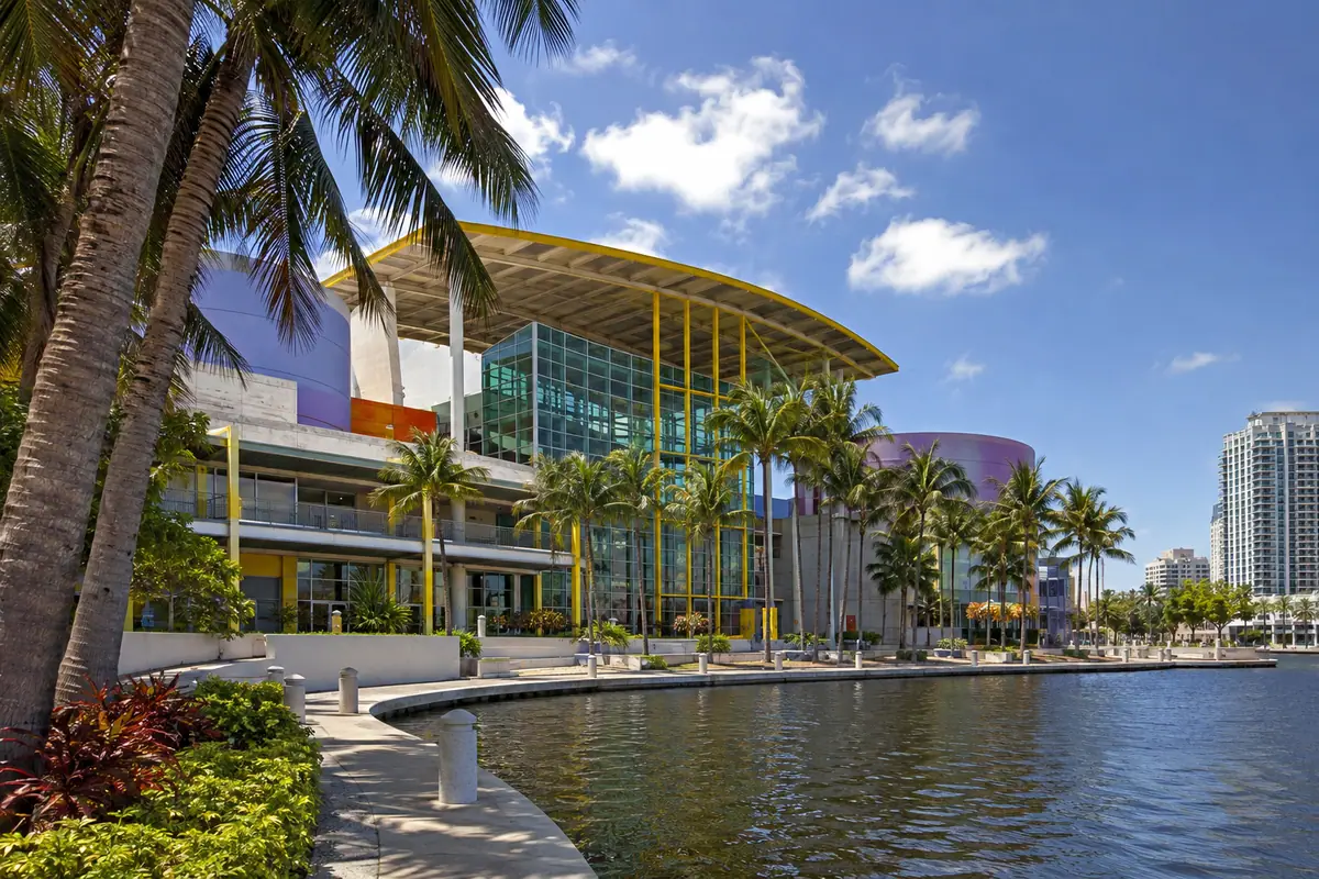Photoreal contemporary exterior of Museum of Discovery and Science in Fort Lauderdale