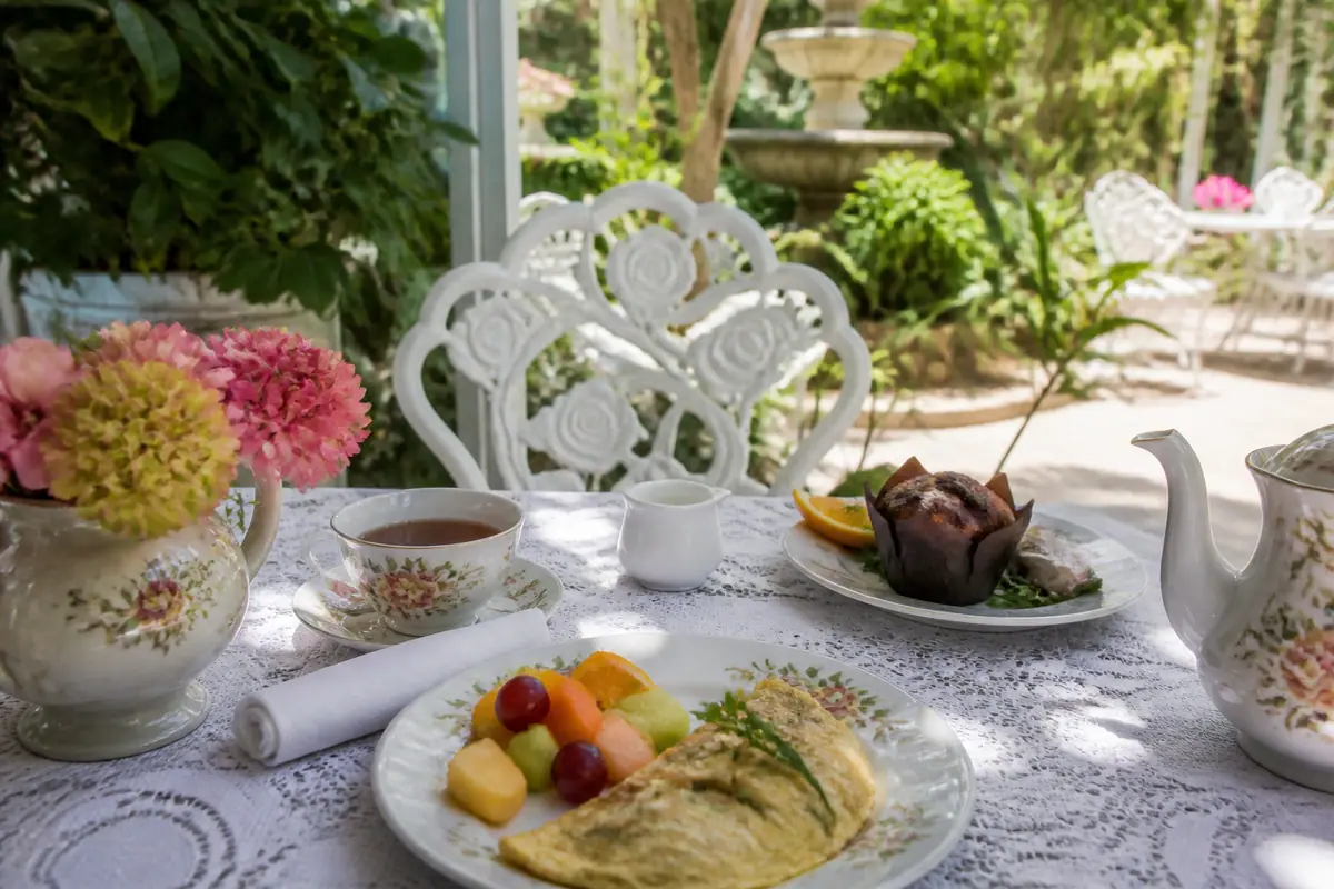 Photoreal travel-editorial view of The Wisteria Tea Room in Fort Myers, Florida