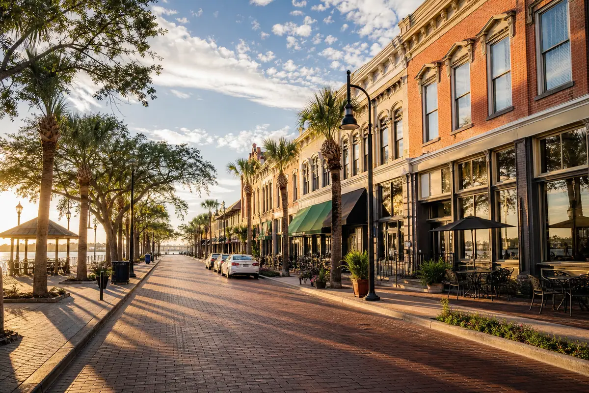 Photoreal travel-editorial view of Downtown Fort Myers River District in Fort Myers, Florida