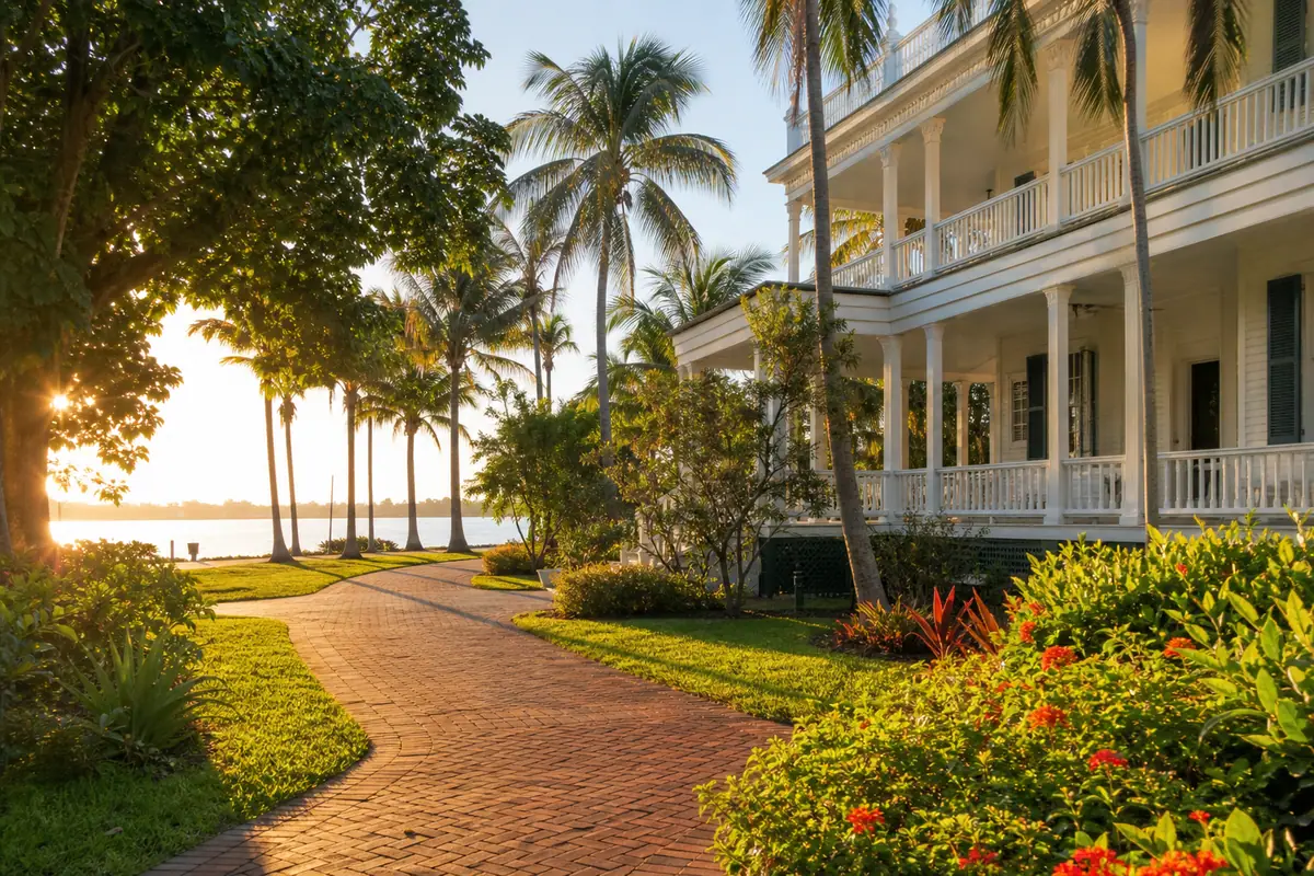 Photoreal travel-editorial view of Edison and Ford Winter Estates in Fort Myers, Florida