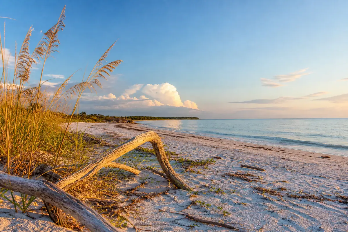 Photoreal travel-editorial view of Lovers Key State Park in Fort Myers, Florida