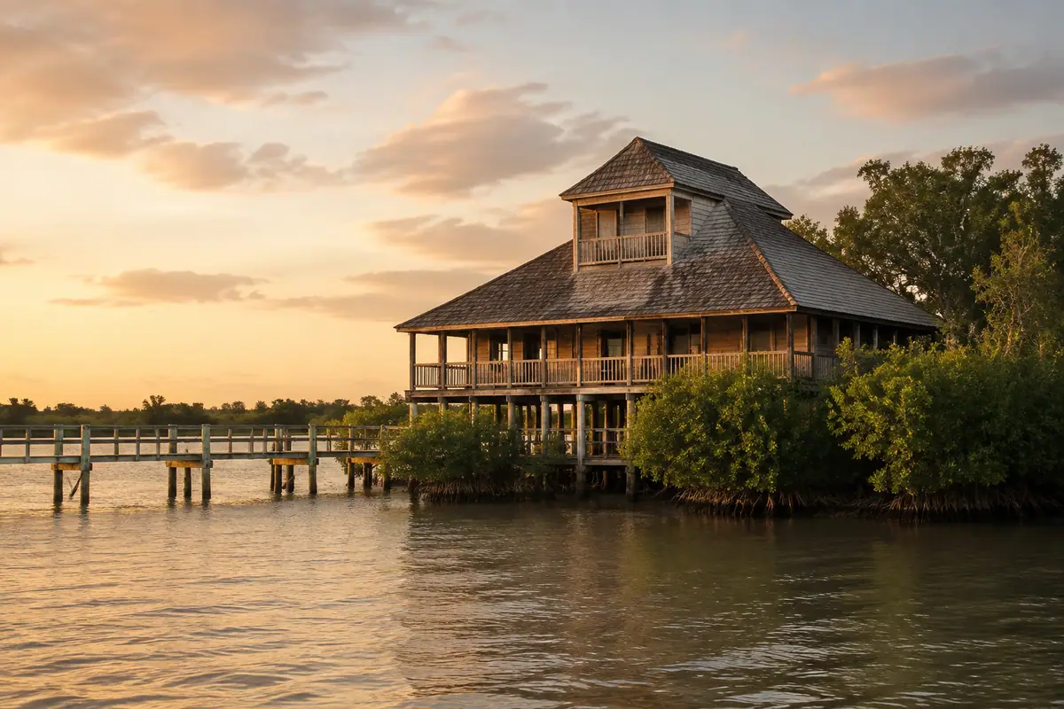 Photoreal historic Mound House beside Fort Myers Beach mangroves