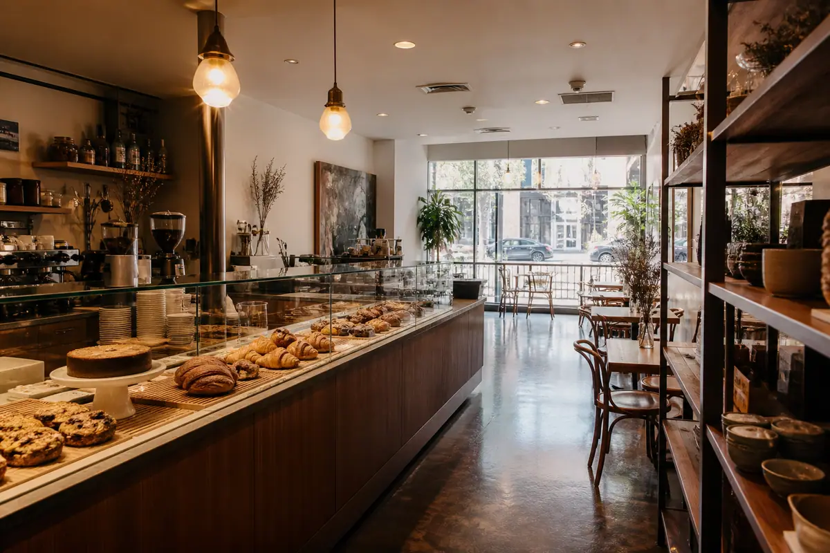 Photoreal editorial view of Black Rooster Bakery in Fort Worth, Texas