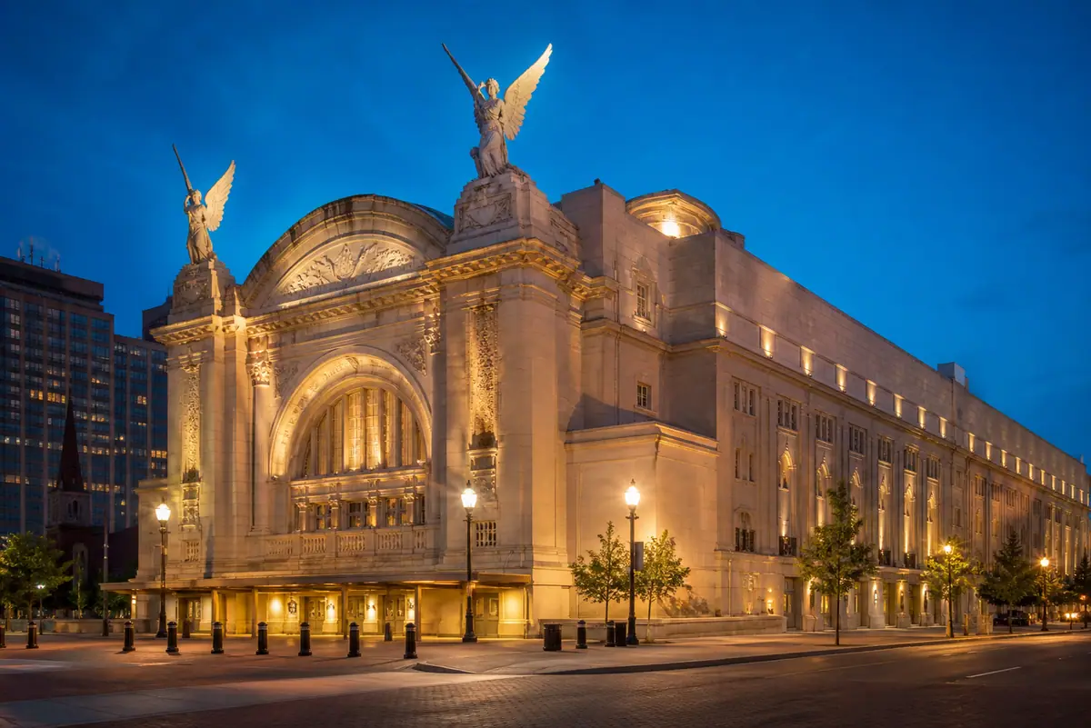 Photoreal editorial view of Bass Performance Hall in Fort Worth, Texas