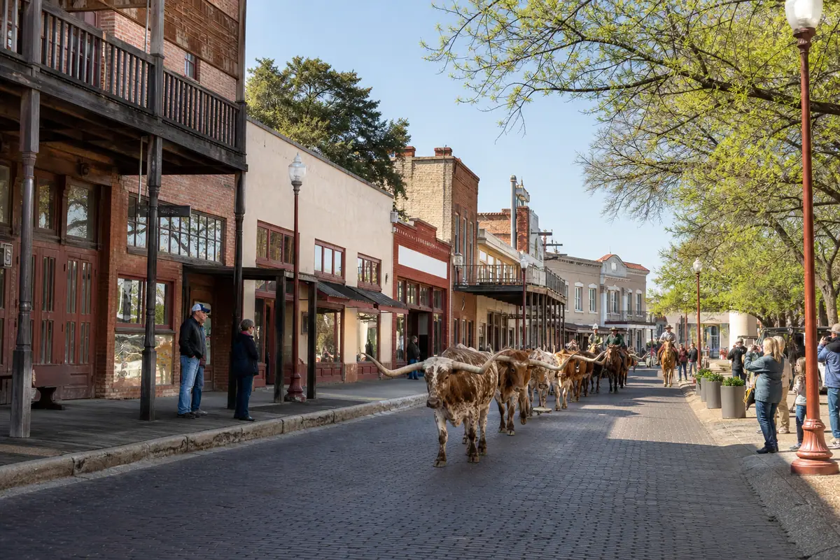 Photoreal editorial view of Fort Worth Stockyards National Historic District in Fort Worth, Texas