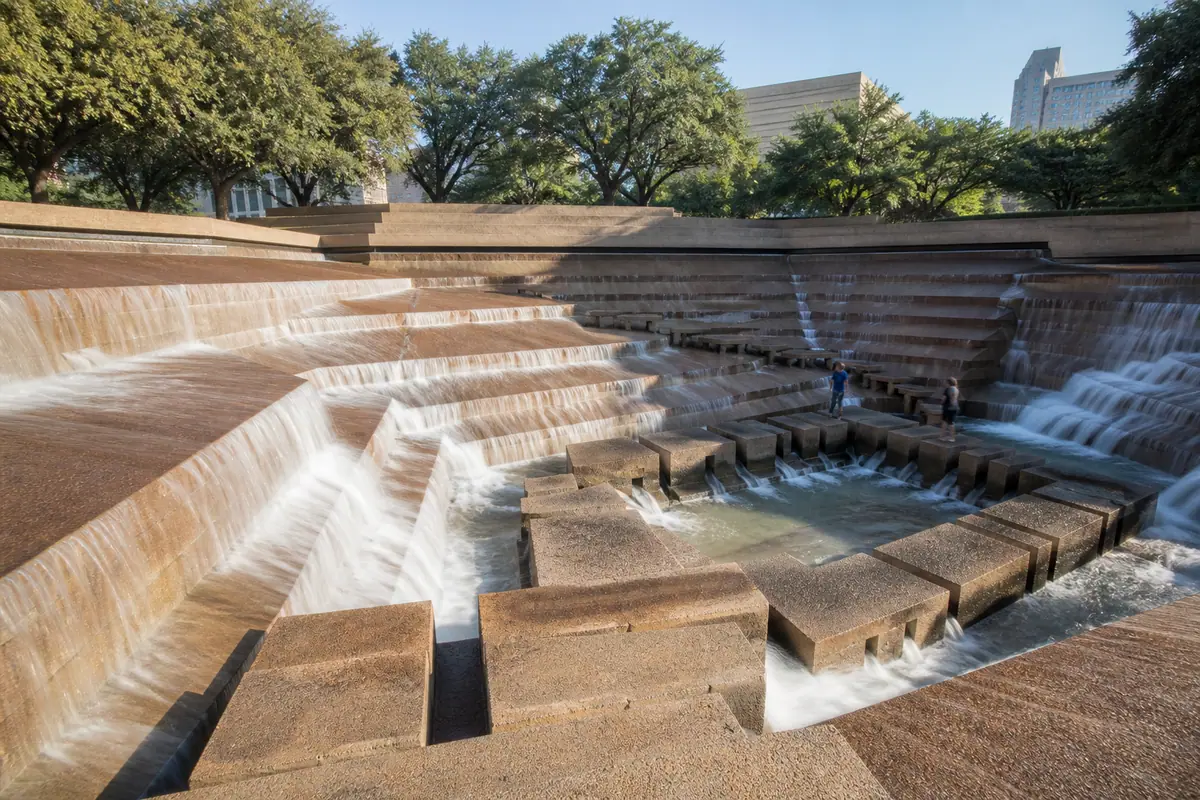 Photoreal editorial view of Fort Worth Water Gardens in Fort Worth, Texas