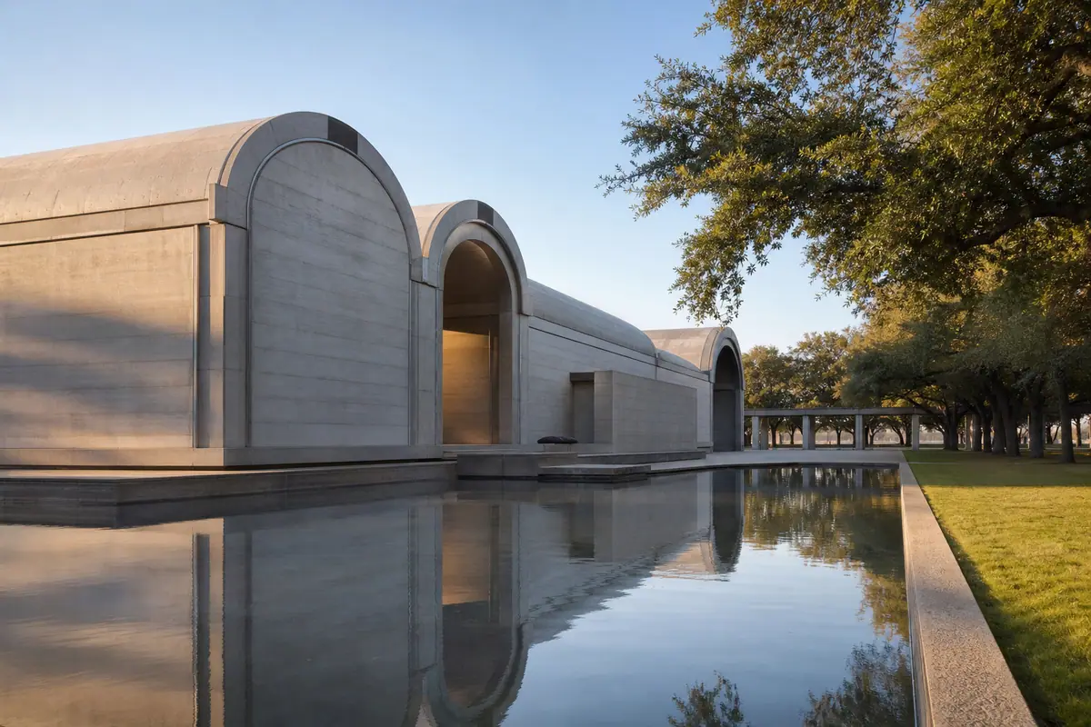 Photoreal editorial view of Kimbell Art Museum in Fort Worth, Texas