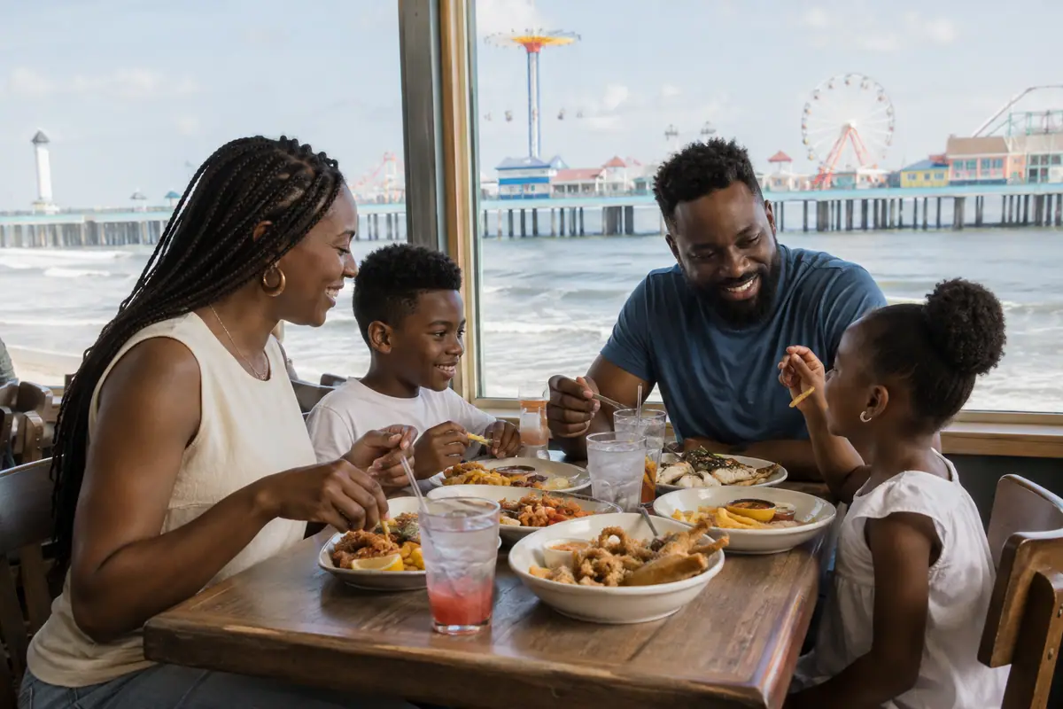 Photoreal travel-editorial view of BLVD Seafood in Galveston, Texas
