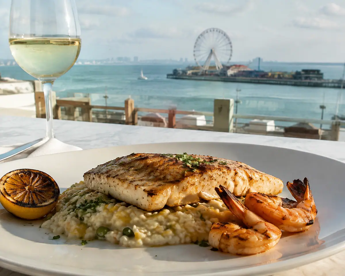 Photoreal travel-editorial view of Fish Tales in Galveston, Texas