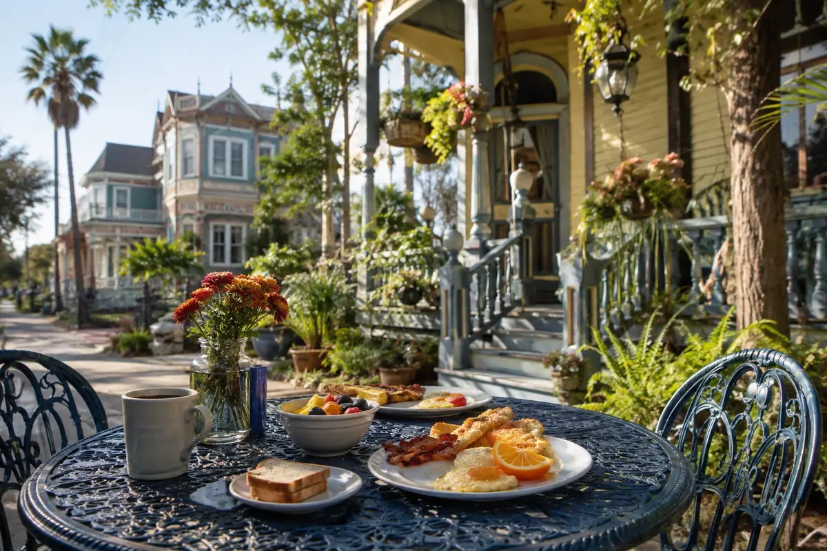 Photoreal travel-editorial view of Mosquito Cafe in Galveston, Texas