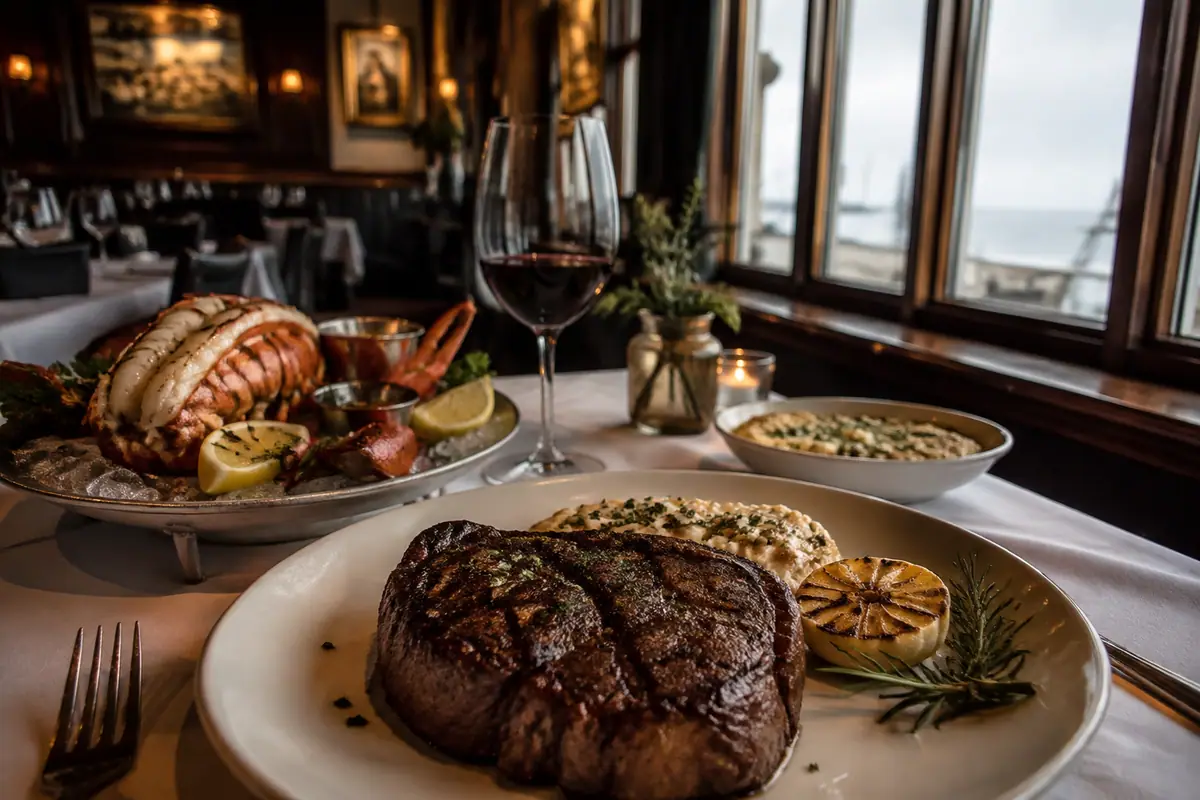 Photoreal travel-editorial view of Number 13 Prime Steak and Seafood in Galveston, Texas