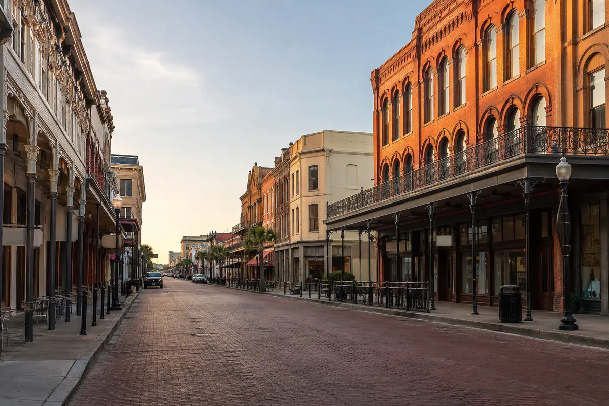 Photoreal travel-editorial view of Texas Seaport Museum and Elissa in Galveston, Texas