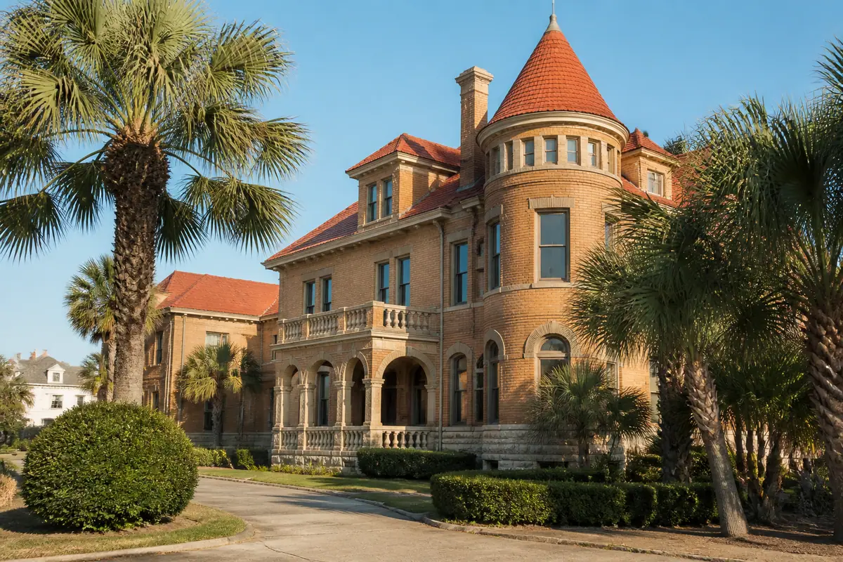 Photoreal travel-editorial view of The Bryan Museum in Galveston, Texas