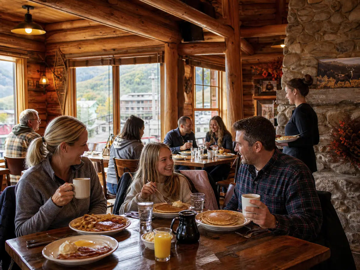 Photoreal dining or food scene representing Log Cabin Pancake House in Gatlinburg