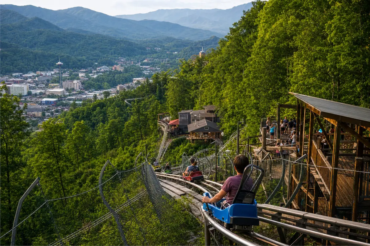 Photoreal Moonshine Mountain Coaster hillside ride scene in Gatlinburg