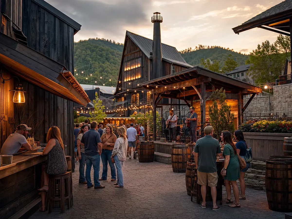 Photoreal Ole Smoky Distillery and The Holler scene in downtown Gatlinburg