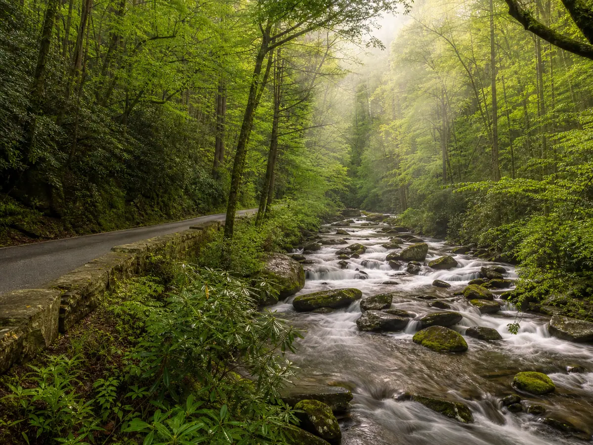 Photoreal Roaring Fork Motor Nature Trail forest road near Gatlinburg