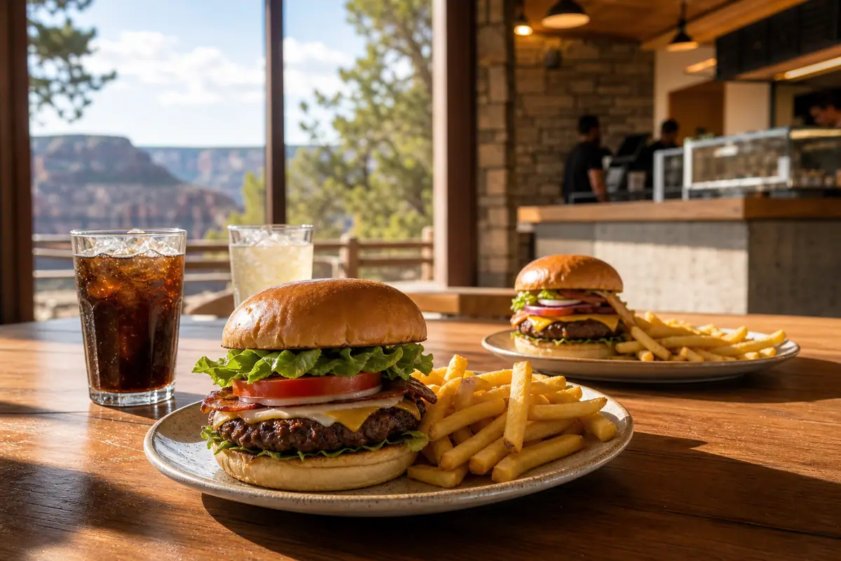 Photoreal dining or food scene representing Fred Harvey Burger at Grand Canyon