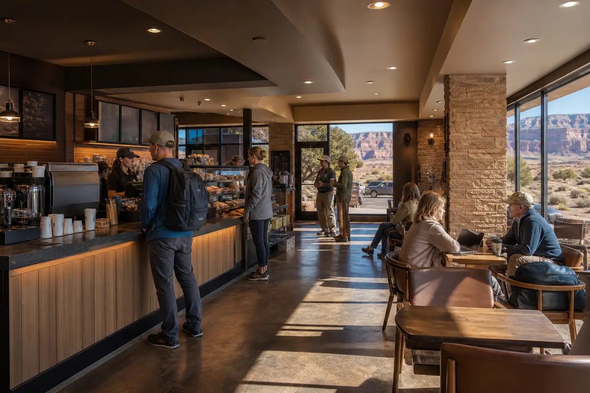 Photoreal coffee and breakfast scene representing Starbucks in Tusayan near Grand Canyon