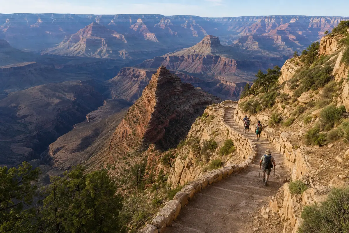 Photoreal Bright Angel Trail switchbacks below the Grand Canyon South Rim