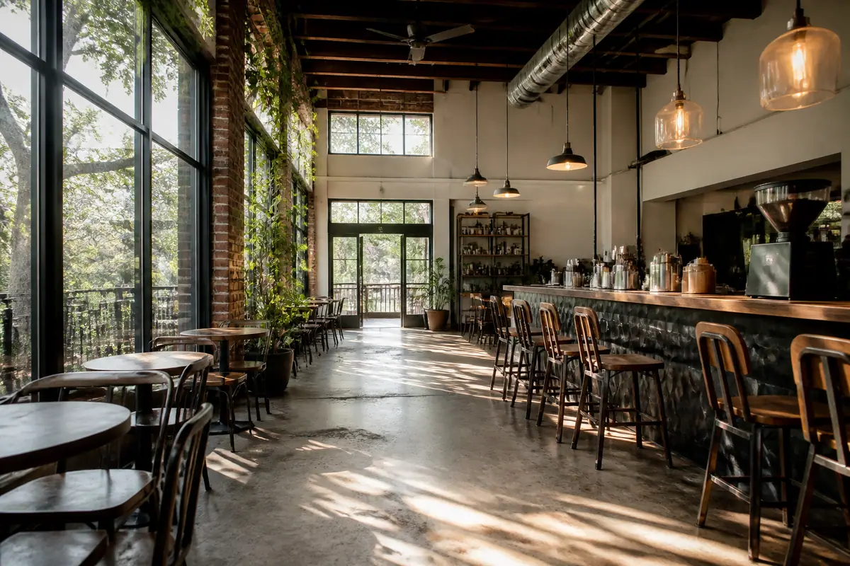Photoreal dining scene at Methodical Coffee in Greenville