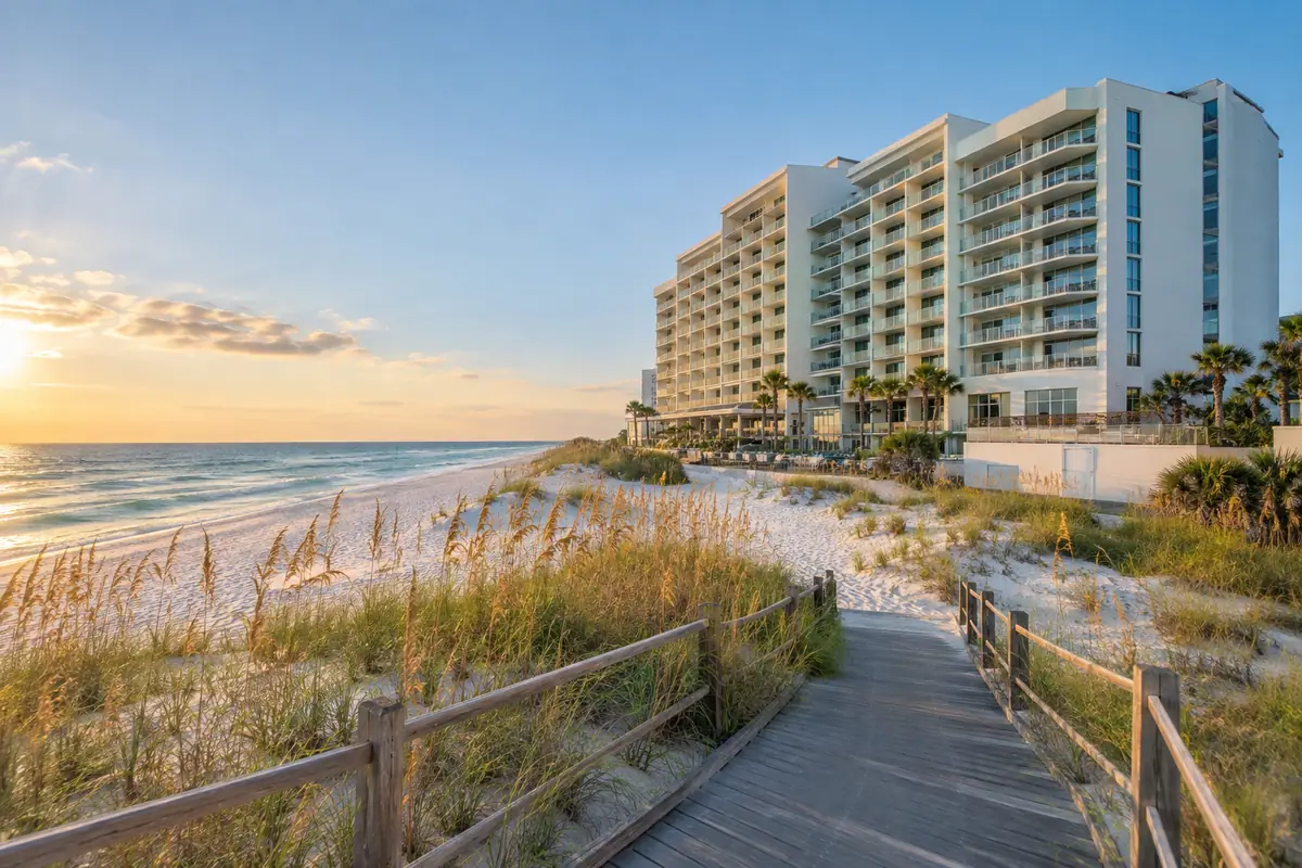 Photoreal travel-editorial view of Hilton Garden Inn Orange Beach Beachfront in Gulf Shores, Alabama