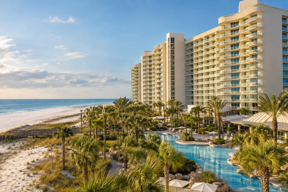 Photoreal travel-editorial view of Perdido Beach Resort in Gulf Shores, Alabama