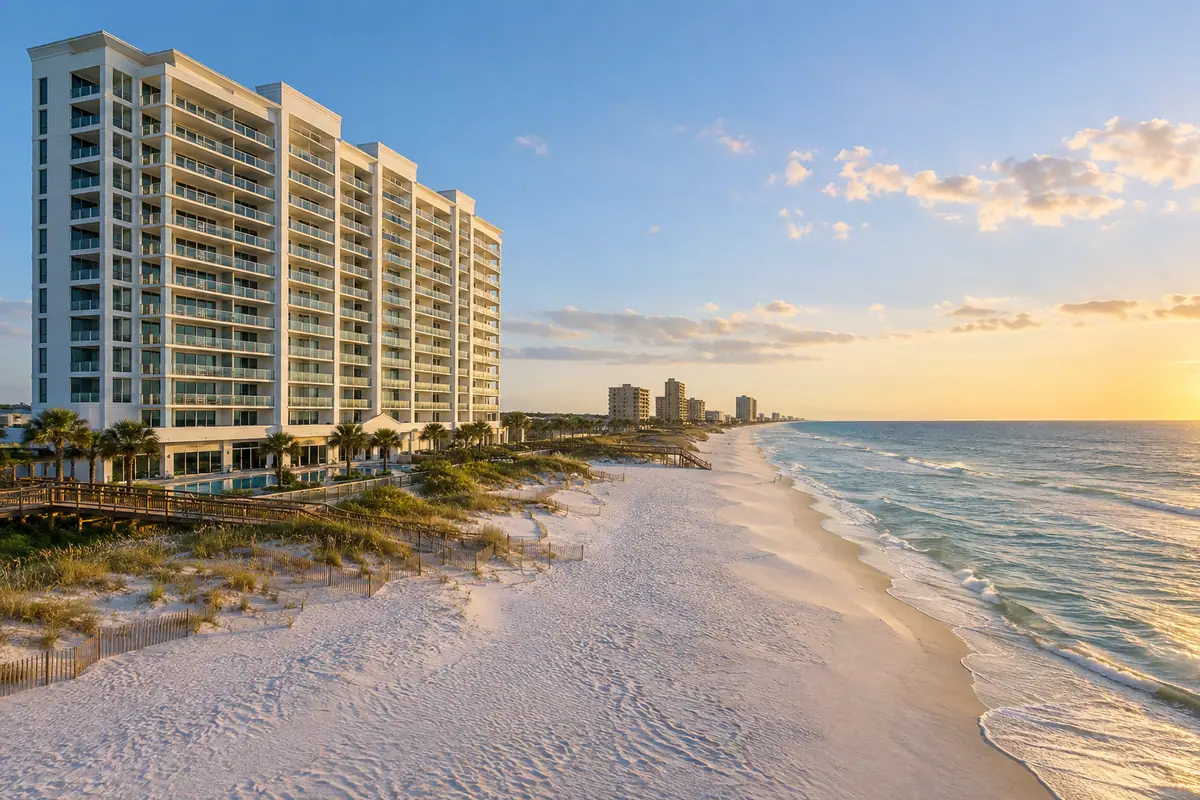 Photoreal travel-editorial view of Phoenix All Suites Hotel West in Gulf Shores, Alabama