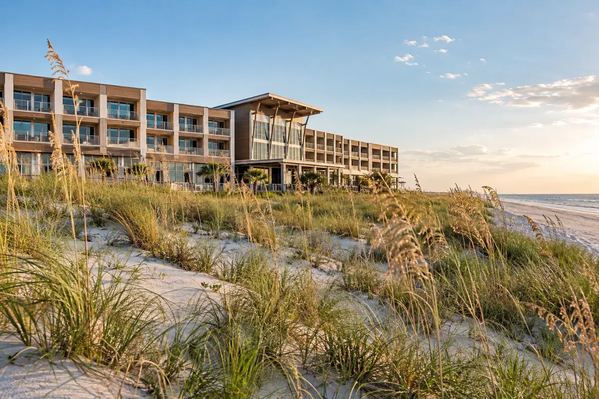 Photoreal travel-editorial view of The Lodge at Gulf State Park in Gulf Shores, Alabama