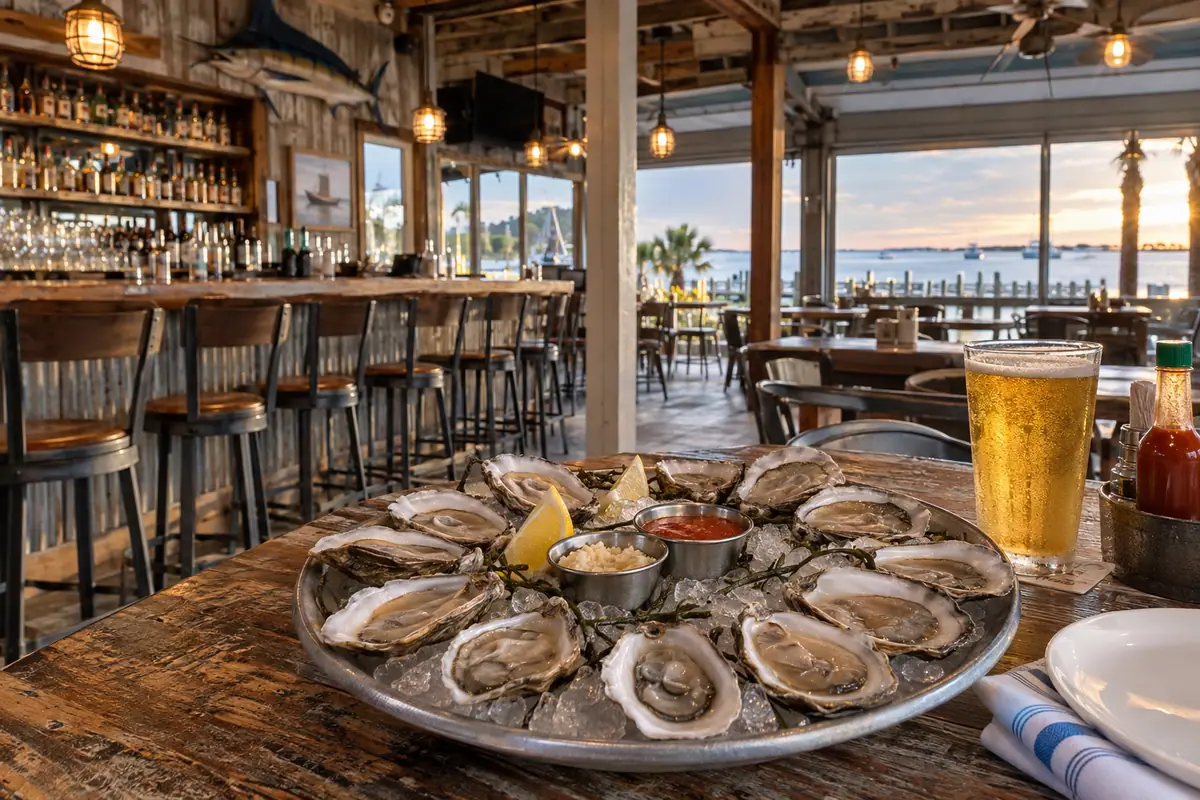 Photoreal travel-editorial view of Acme Oyster House in Gulf Shores, Alabama
