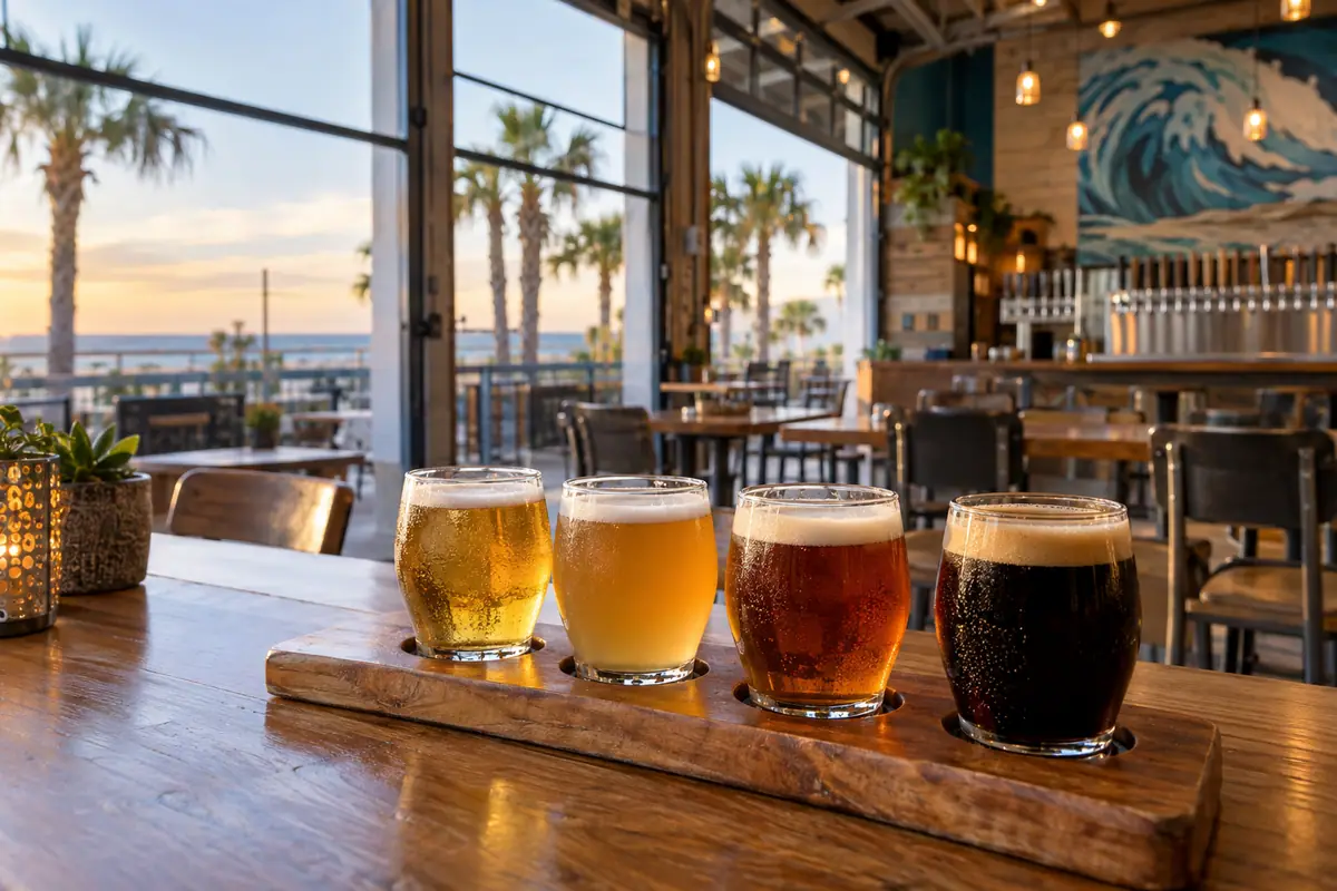 Photoreal travel-editorial view of Big Beach Brewing Company in Gulf Shores, Alabama