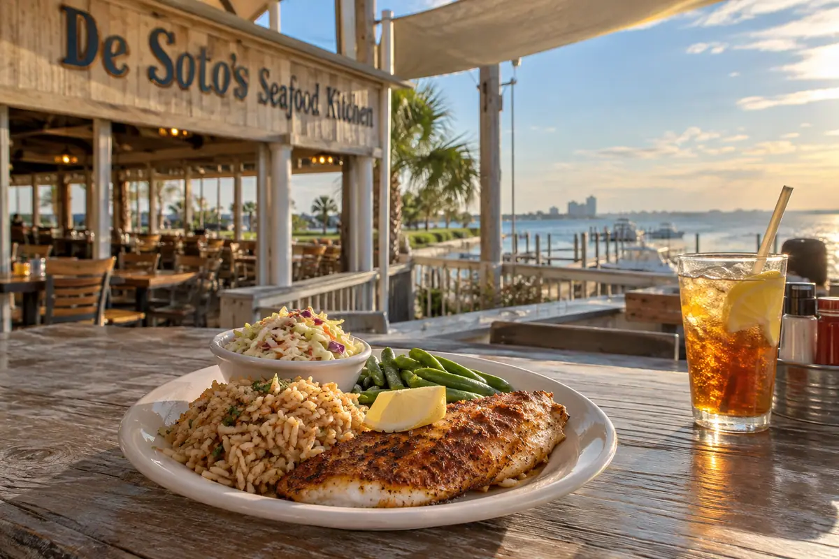 Photoreal travel-editorial view of De Soto’s Seafood Kitchen in Gulf Shores, Alabama