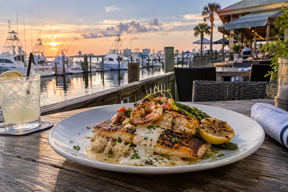 Photoreal travel-editorial view of Fisher’s Dockside in Gulf Shores, Alabama