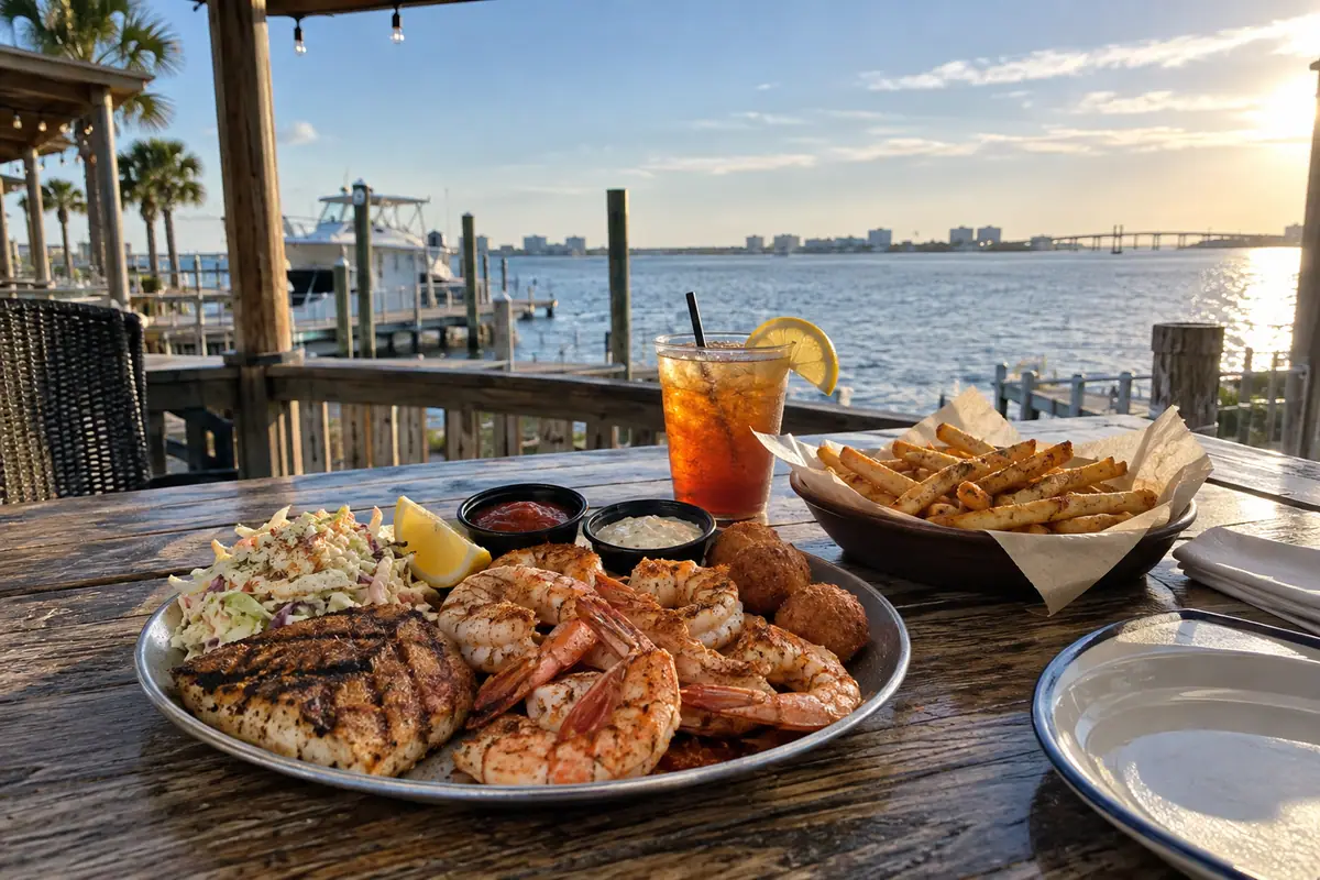 Photoreal travel-editorial view of GTs On The Bay in Gulf Shores, Alabama