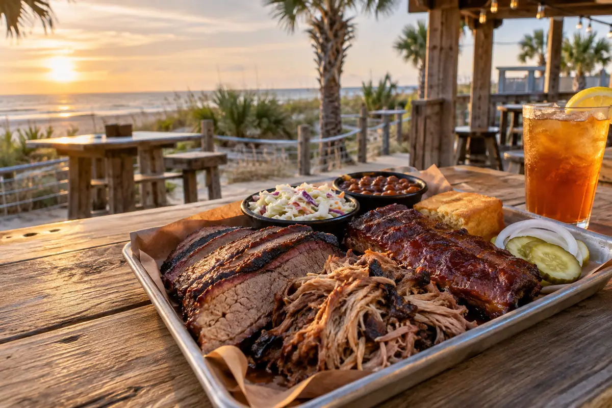 Photoreal travel-editorial view of Hog Wild Beach and BBQ in Gulf Shores, Alabama