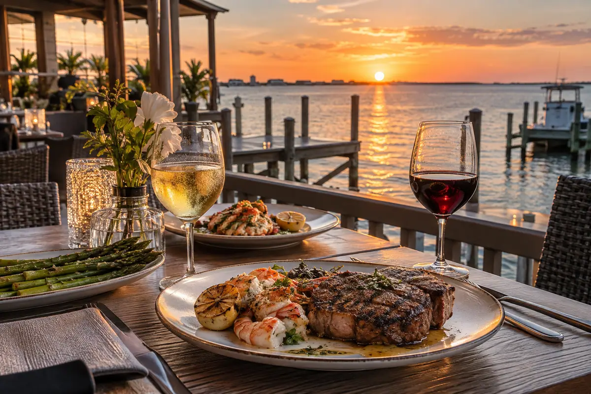 Photoreal travel-editorial view of Jesse’s on the Bay in Gulf Shores, Alabama
