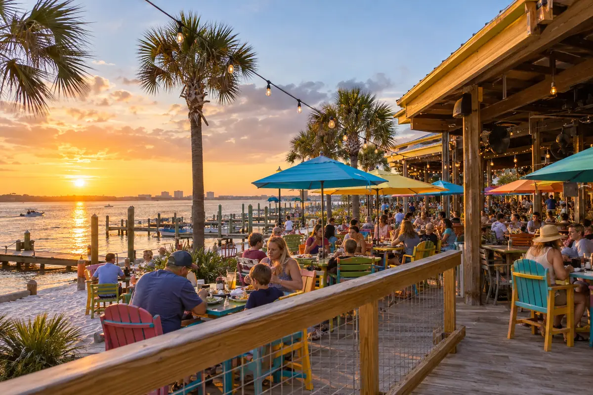 Photoreal travel-editorial view of LuLu’s Gulf Shores in Gulf Shores, Alabama